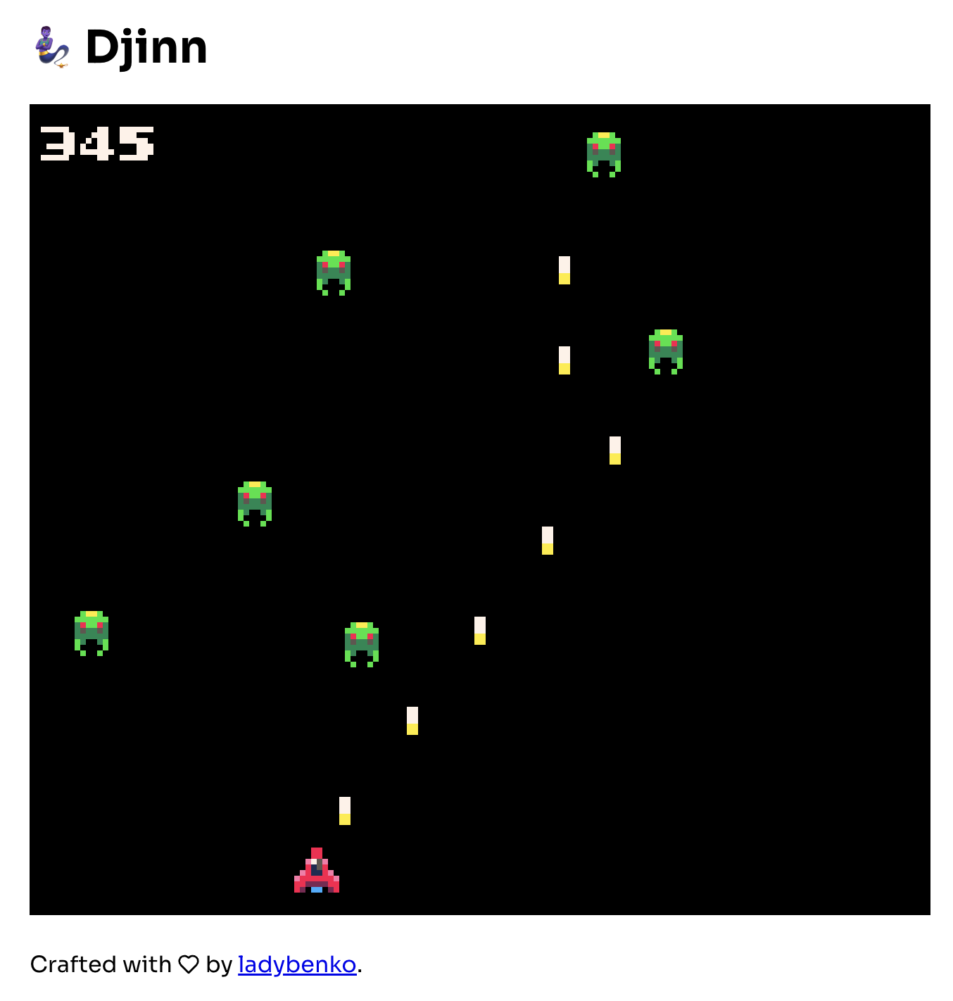 Screenshot of a game with a space ship shooting green alines