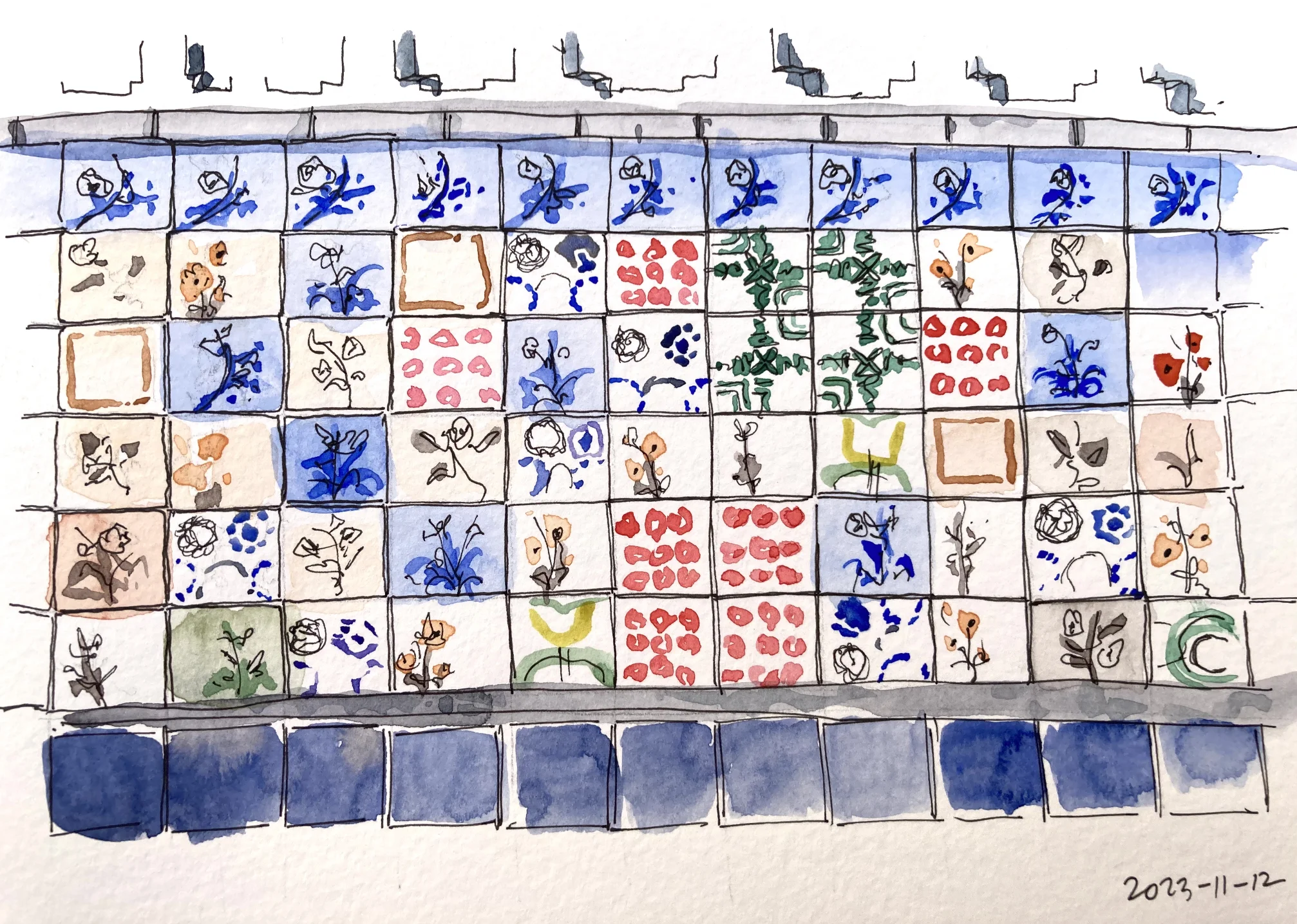 Watercolor sketch of color tiles