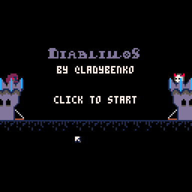 Pixel art game, side view, one tower at the left, the enemy tower at the right. Imps are spawned from each tower and they fight and walk towards the opposite tower.
