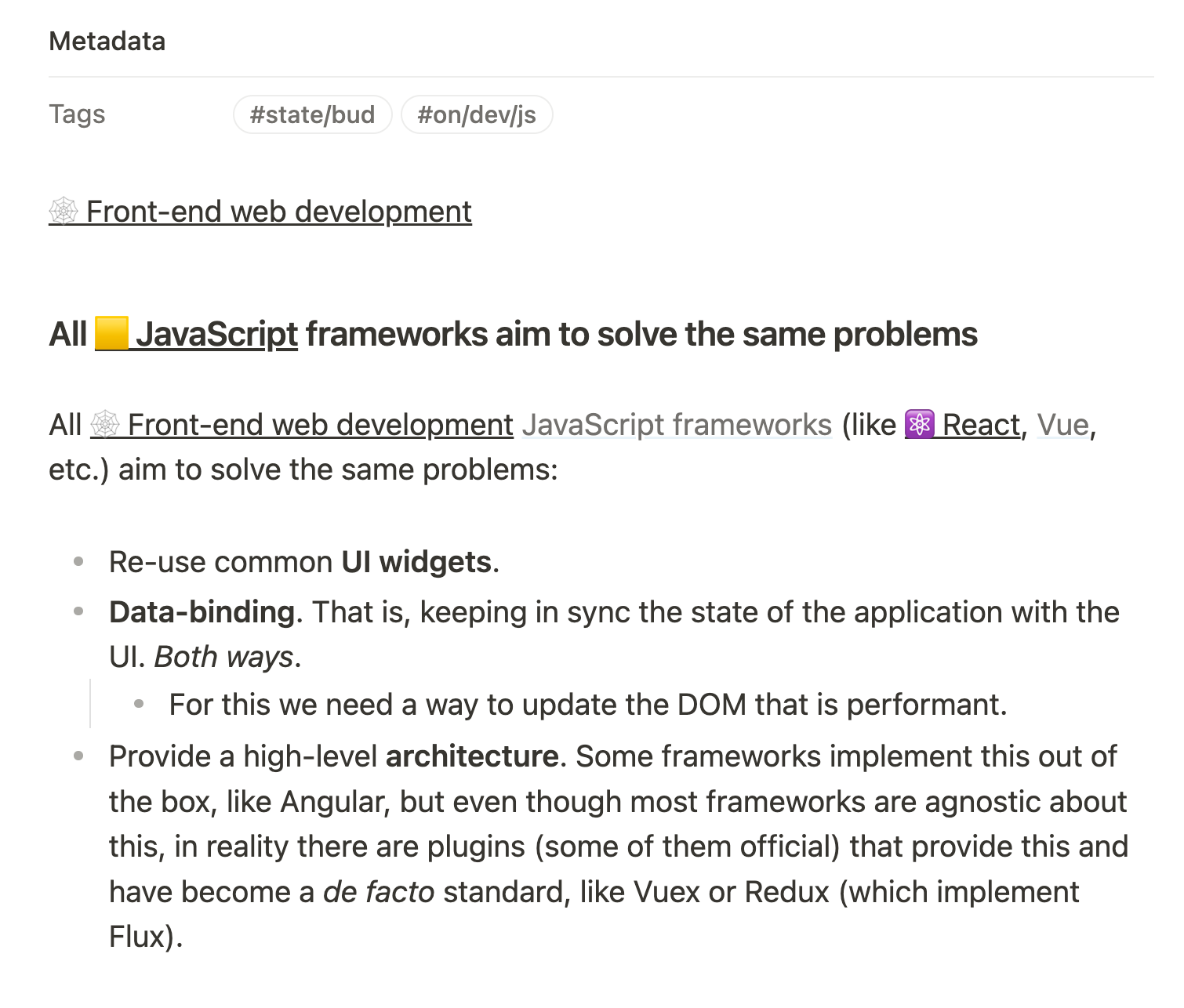 Screenshot of a note about JavaScript frameworks