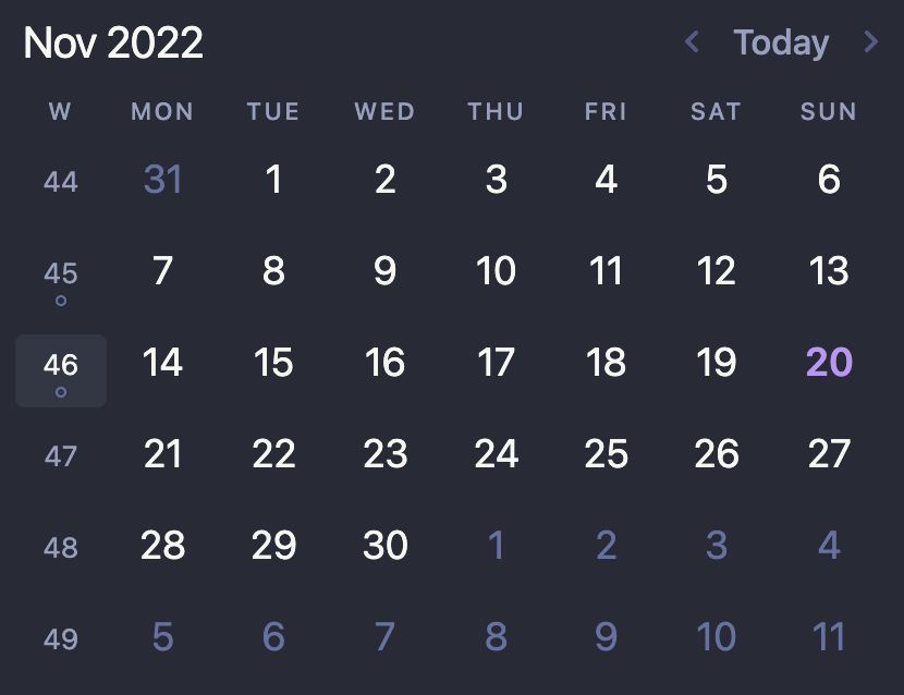 Screenshot of a calendar, featuring an extra column for the ISO week number as well