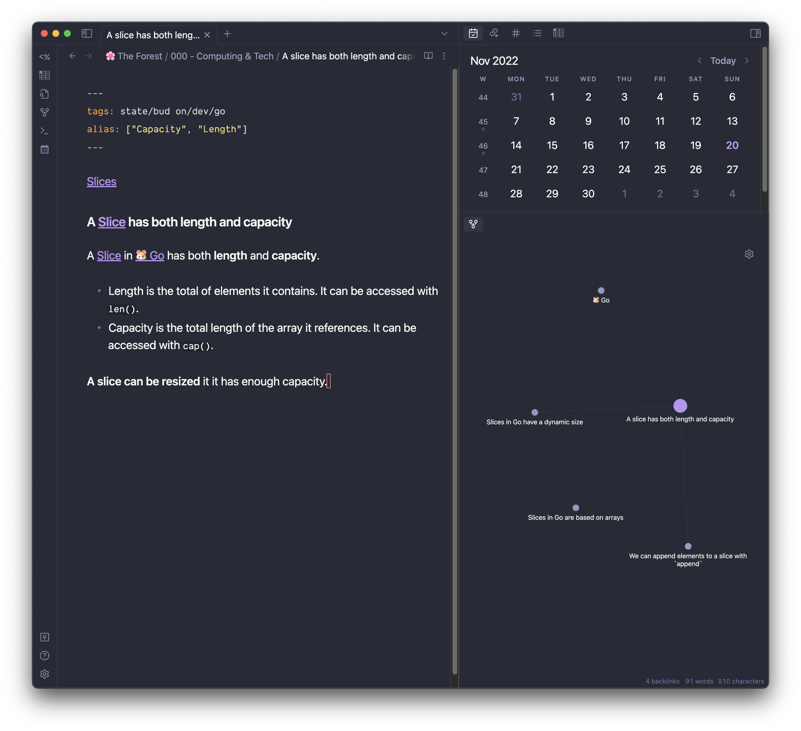 Obsidian screenshot showing a note about Go slices